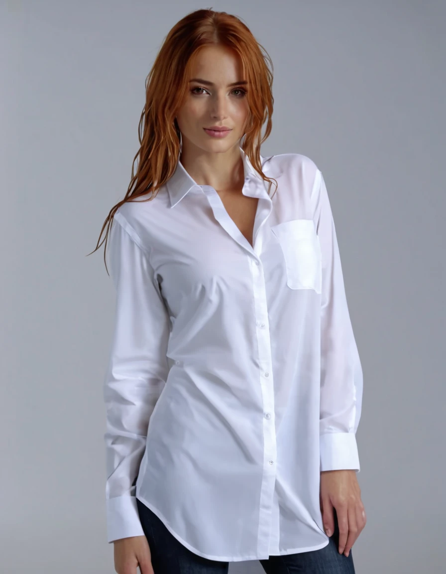 Genera un UHD 8k profesional, Full body photo of a redhead with brown eyes wearing a wet extra long white business shirt., make sure the shirt is wet, enorme, pechos firmes, slim abdomen, enorme hips. another blonde next to her with the same characteristics and another with light brown hair next to the other two with the same characteristics
