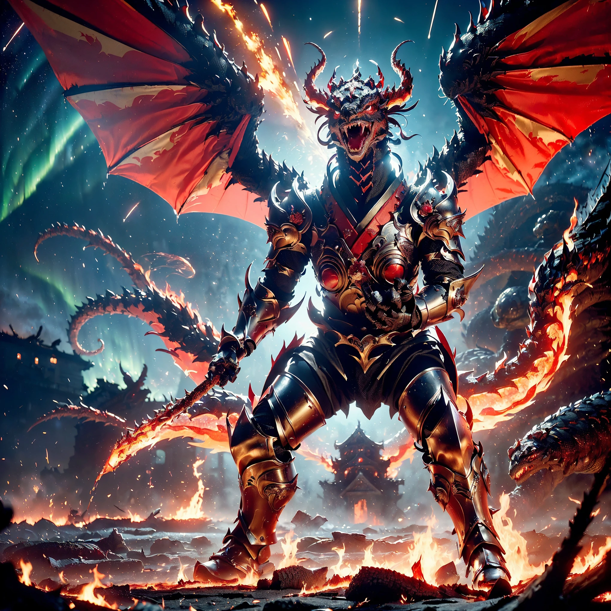Professional , masterpiece、top-quality、photos realistic , depth of fields 、(Dragon Black Metal Body:1.9),(Mattretto、(cleavage of the breast)、Dragon Gold Weapon、(Micro Bikini Armor:1.4),Gorgeous gold weapons ,Particles of light、Particles of light、(( Dragon's dense and gorgeous sword)) , (demonic wings)、((a blond))、(Castle background)、Fight dragons、((Gangle's forest background))、Take intense poses、Beautiful Caucasian beauty、1a person、dynamic ungle,(((Detailed and ornate dragon helmet)))、Smaller head、A smile、Castle background、Thin and beautiful female hands、cleavage of the breast、Soldier in iron armor on background、Mystical expression、Light Effects、intense fighting、Wind-effect、magic circles、With the legendary magic wand、Dragon's tail、explosions、