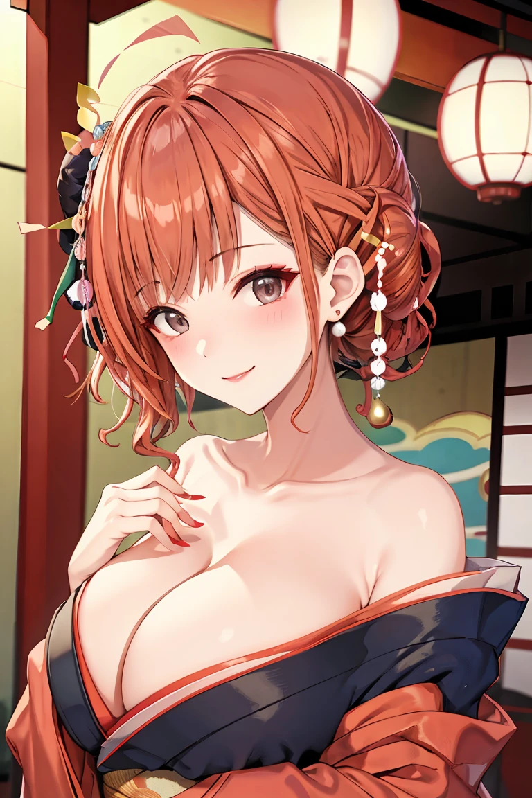 arisugawa natusha, orange hair, 4K, Masterpiece, highres, absurdres, natural volumetric lighting and best shadows, smiling, deep depth of field, soft delicate beautiful attractive face, beautiful edgOiran_woman, a woman in a kimono posing for a picture, cleavage, huge breasts, perfect edgOiran_face, perfect edgOiran_body, edgOiran_makeup, edgOiran_hairstyle