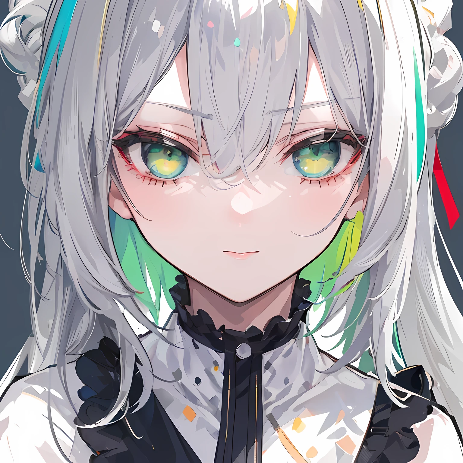 (masterpiece, best quality:1.2), (vibrant colors:1.1), 1girl, solo, (close-up:1.36), (head-shot), (from sideway:1.2), grey hair, green eyes, glaring, narrow eyes, looking at viewer