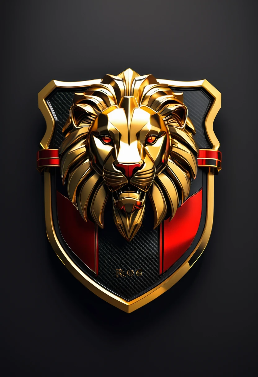 logo 3d shield cyber futuristic berwarna black carbon dan gold, Inside is a red and gold futuristic lion emblem holding a ribbon with the words "ROG" written in it.