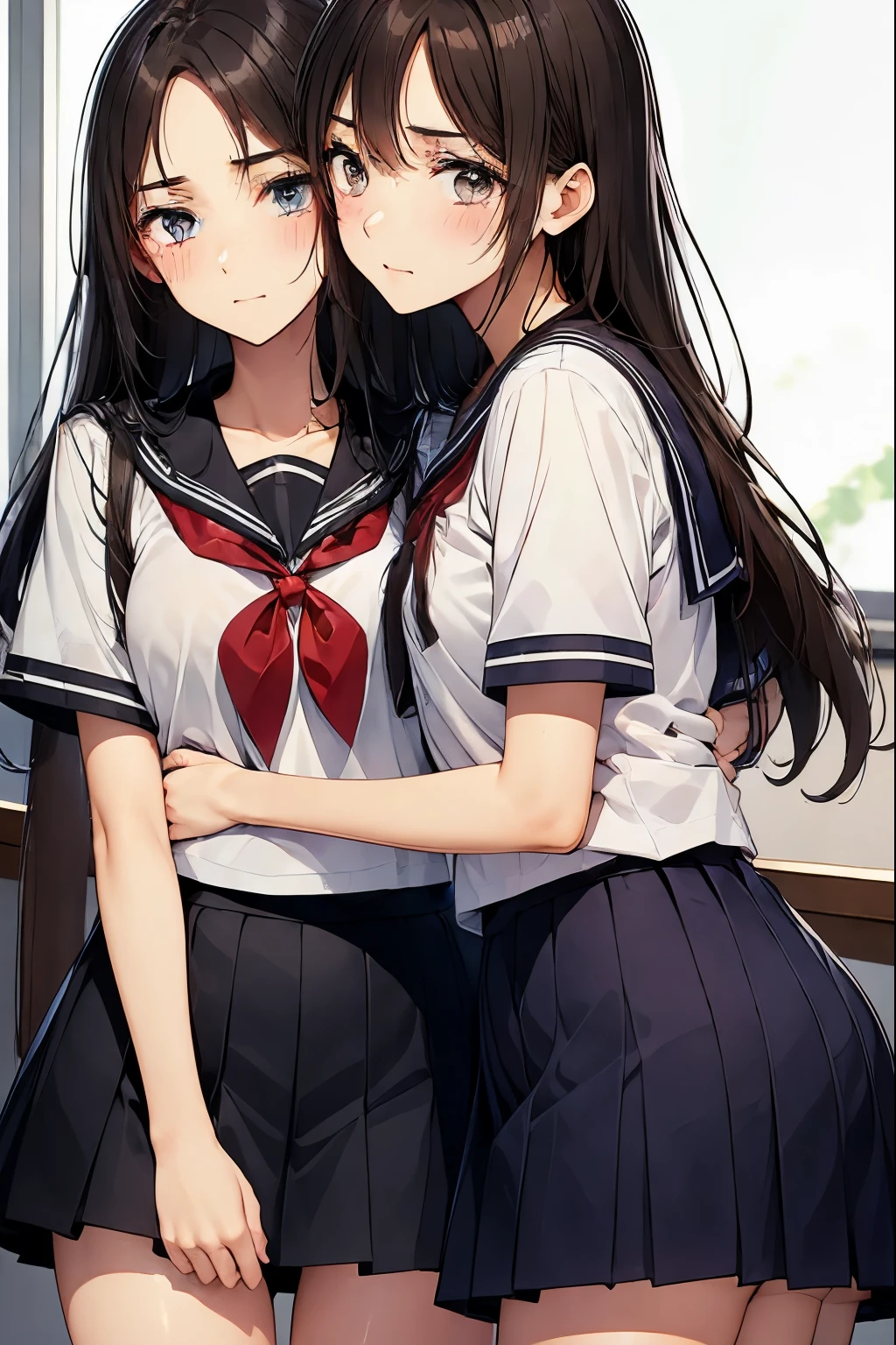 Two high school girls crying and hugging each other in a classroom、sad expression、tears、