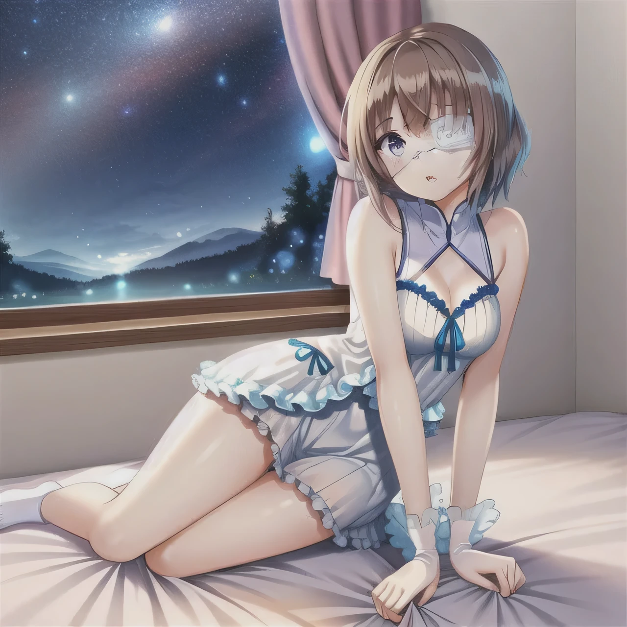 1 girl and (short brown hair) and (blue eyes:1.3) and (medical eyepatch:1.3) (Wariza on bed inside detailed bedroom:1.1) wearing (White frilly cleavage dress:1.0), (full body:1.3), (starry sky and sunset outside windows:1.3), (short hair:1.2), (Wariza:1.2)
{{masterpiece}}, {最high quality, super fine figure}, Dense hair,  beautiful eyes,{very delicate light, perfect and delicate limbs}, { fine luminescence ,very fine 8K cg wallpaper}, an extremely delicate and beautiful girl, (Staring blankly, nice big eyes), Dense and beautiful eyes, (disorganized, incredibly disorganized, figure, Super detailed),
alone, high quality, cg, wallpaper, anime girl,  fine hair, (very fine hair), (beautiful eyes), 
1 girl and (short brown hair:1) and (blue eyes:1) and (medical eyepatch:1.1) (Wariza on bed inside detailed bedroom:1.1) wearing (White frilly cleavage dress:1.0), (full body:1.1), (starry sky and sunset outside windows:1.0), (Wariza:1.4),(((adult)))