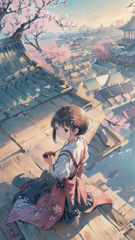 highest quality, masterpiece, very detailed, detailed background, anime, 1 girl, young girl, short girl, SF, cherry blossoms, outdoor, morning, greenhouse, giant structure, Wind景, scenery, horizon, rooftop, sitting on rooftop, Wind, avert your eyes, atmosphere lighting, focus only, close, From the side, written boundary depth, Bokeh