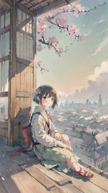 highest quality, masterpiece, very detailed, detailed background, anime, 1 girl, young girl, short girl, SF, cherry blossoms, outdoor, morning, greenhouse, giant structure, Wind景, scenery, horizon, rooftop, sitting on rooftop, Wind, avert your eyes, atmosphere lighting, focus only, close, From the side, written boundary depth, Bokeh