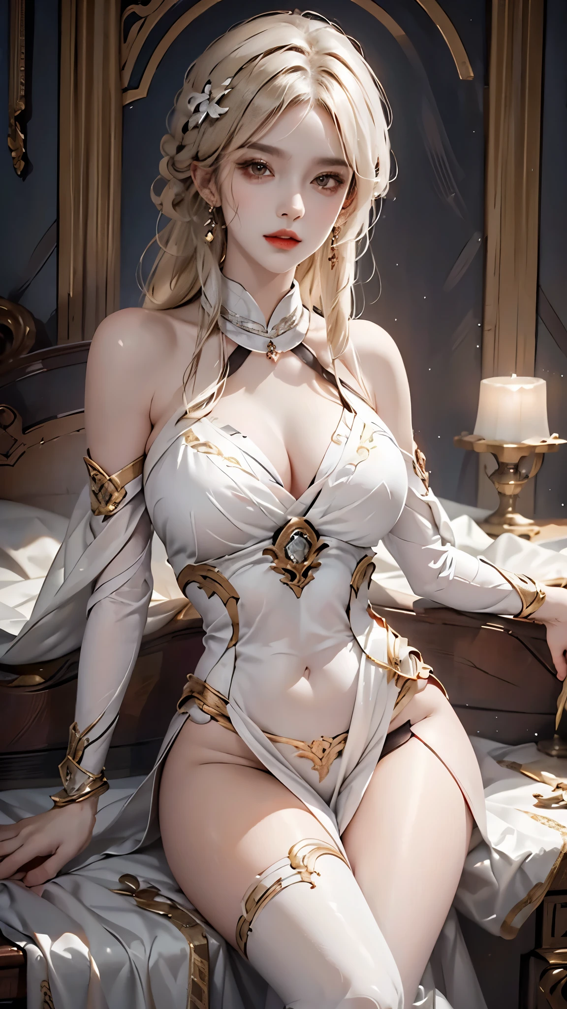 ((whole body)), 1 girl,alone, ((sitting position, Sexy legs)), ((bare shoulders)), red lips, cosmetic, close-up, elegant姿势, seductive pose, Perfect Curve, Slim, Sexy, big breasts, split, fair legs, charming gaze, bite lip, messy long hair, Simple and casual scene, Very detailed, Ultra-clear, best quality, official art, exquisite earrings, exquisite necklace, Very detailed description, Super beautiful painting, Exquisite features, elegant, fair, Super fine details, masterpiece, real texture, Movie Lighting Realism, masterpiece, best quality
