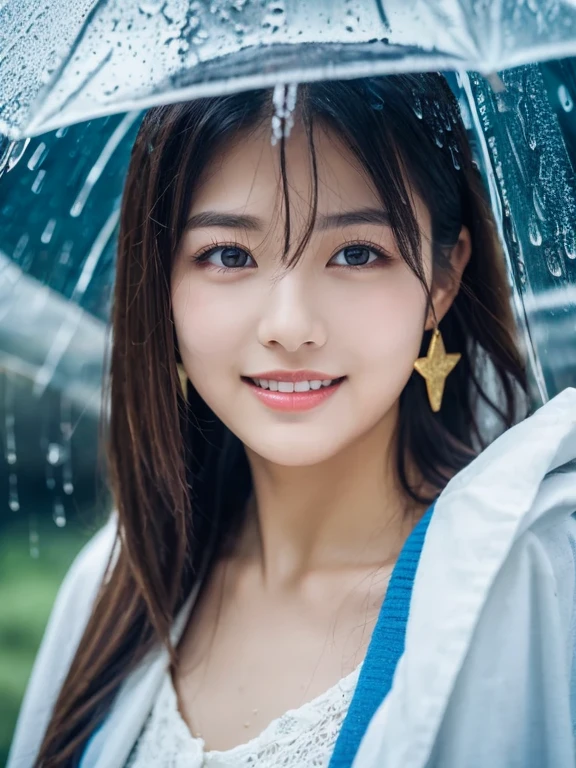 1 girl, (summer clothes:1.2), beautiful japanese actress, looks great in the photo, long eyelashes, earrings, (Raw photo, highest quality), (realistic, Photoreal:1.4), (table top), beautiful and detailed eyes, beautiful detailed lips, highly detailed eyes and face, break (Rainy city:1.4), wet in the rain, mysterious beauty, (starry sky:1.3), indigo gradation, dramatic lighting, great atmosphere, break Perfect Anatomy, slender body, small, short hair, parted bangs, angel's smile, Crystal Skin, clear eyes, Strobe photography, catch light, don't use an umbrella