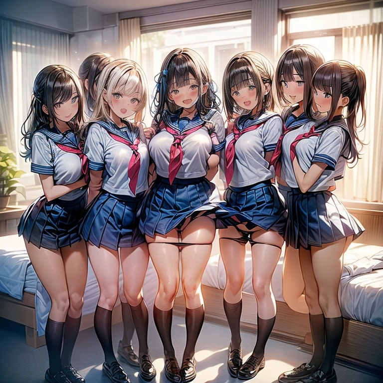 nswf:1.3,(masterpiece: 1.2, highest quality, masterpiece, Clearer images), (Bright colors), ((Take clear photos even from a distance)), (multiple girls), (Harem), (School classmates), (((All school uniforms have the same design))), (((Everyone is wearing the same navy blue skirt))), (()), ((prostitution婦)), (prostitution宿, on the bed), (cute Japanese((6 girls))), (((infant&#39;face))), ((group shot)), (group selfie), ((ass visible through thighs))、 (Full body diagram from head to toe), front, frontやや下からの構図, symmetry, 18 year old tall girl, alone, (whole body from head to toe),wide angle, soft light, ((((laugh with your mouth wide open)))), (slightly larger breasts), ((prostitution)), (lure), ((viewers love it)), (((A lot of hearts are flying))), Landscape、(((show panty:1.6)))、((((open legs:1.5)))、((female masturbation:1.8))、((breast grab:1.3)),(((bra lift:1.2)))、(skirt lift:1.3) 、one eye closed、stick out one&#39;s crotch、((youth))、black tights、black stockings、black pantyhose、black stockingsックス、standing on one leg