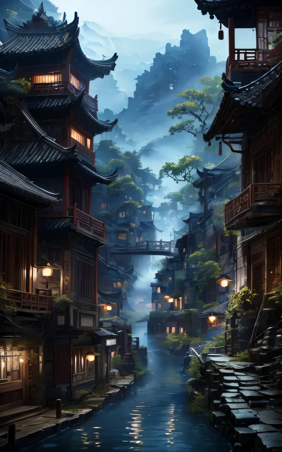 (best quality,32k resolution,insane detail,complex details,ultra-detailed,ultra-premium,highly-detailed,super-detailed,masterpiece:1.2),traditional Chinese landscape masterpiece,1 girl,cloudy sky, dark clouds, rain,