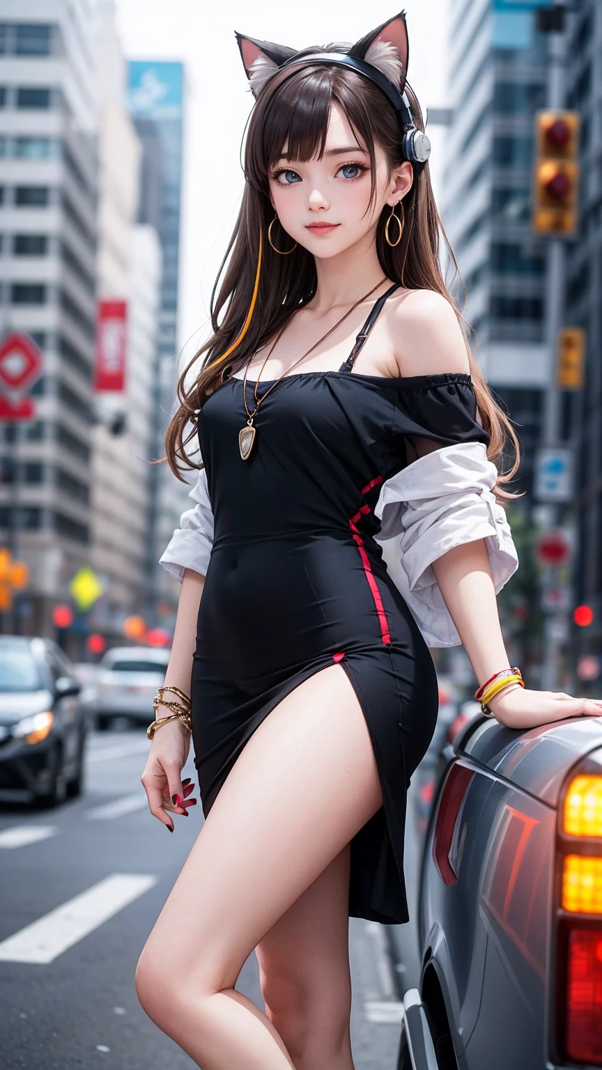 最high quality, 8K, masterpiece: 1.3, Ultra HD, high quality, 最high quality, High resolution, realism)) 、25 year old white woman、brunette、blue eyes、long hair、smile、slender、slenderだがアスリートのような細マッチョ、I don't want my head to disappear from the screen.、Wear accessories on your wrist、Wearing red nail polish、I have a peticure、Wear a sheer, off-the-shoulder bodycon top、wear sandals、have a clutch bag、Skyscraper background、Waiting for a traffic light at an intersection、crystal earrings((crystal earrings))、inner color((colored inner hair))、long hair ((long hair))、dark blonde、Bangs at the parting((parted bangs))、Cat ear headphones((cat ear headphones))、background blur((depth of field))