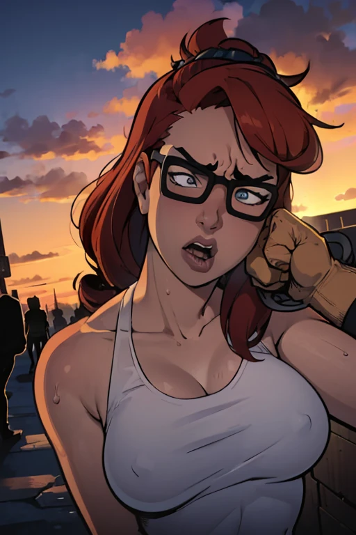 1woman, CARTOON_barbara _ownwaifu,cell Shading,anime coloring,black tank top, assaulted by a scary man,masterpiece,best quality,.ownwaifu.com,long hair,glasses,red hair,blue eyes,black-framed eyewear,breasts,under-rim eyewear,semi-rimless eyewear, curvy, toned, large breasts, narrow waist, (((she is brutally punched in the face by men:1.2))), (((monstrous men punching her cheek:1.2))), (((knocked in the face))), (((assaulted))), pain, (((her cheek is deformed by the violent impact:1.3))), (((strangled woman view:1.2))), (((torn clothes))), (((exposed naked breasts))), (((fast hitting movement effect:1.2))), (((cameltoe panty:1.2))), (((white panty:1.2))), (((small breasts))), (((hands tearing ripping her clothes:1.2))), (((cheek deformed by violent fist hit impact:1.2))), (((man hitting her cheek:1.4))), (((surrounded by many angry men:1.2))), (((restrained))), (((naked hairy vagina view:1.2)))