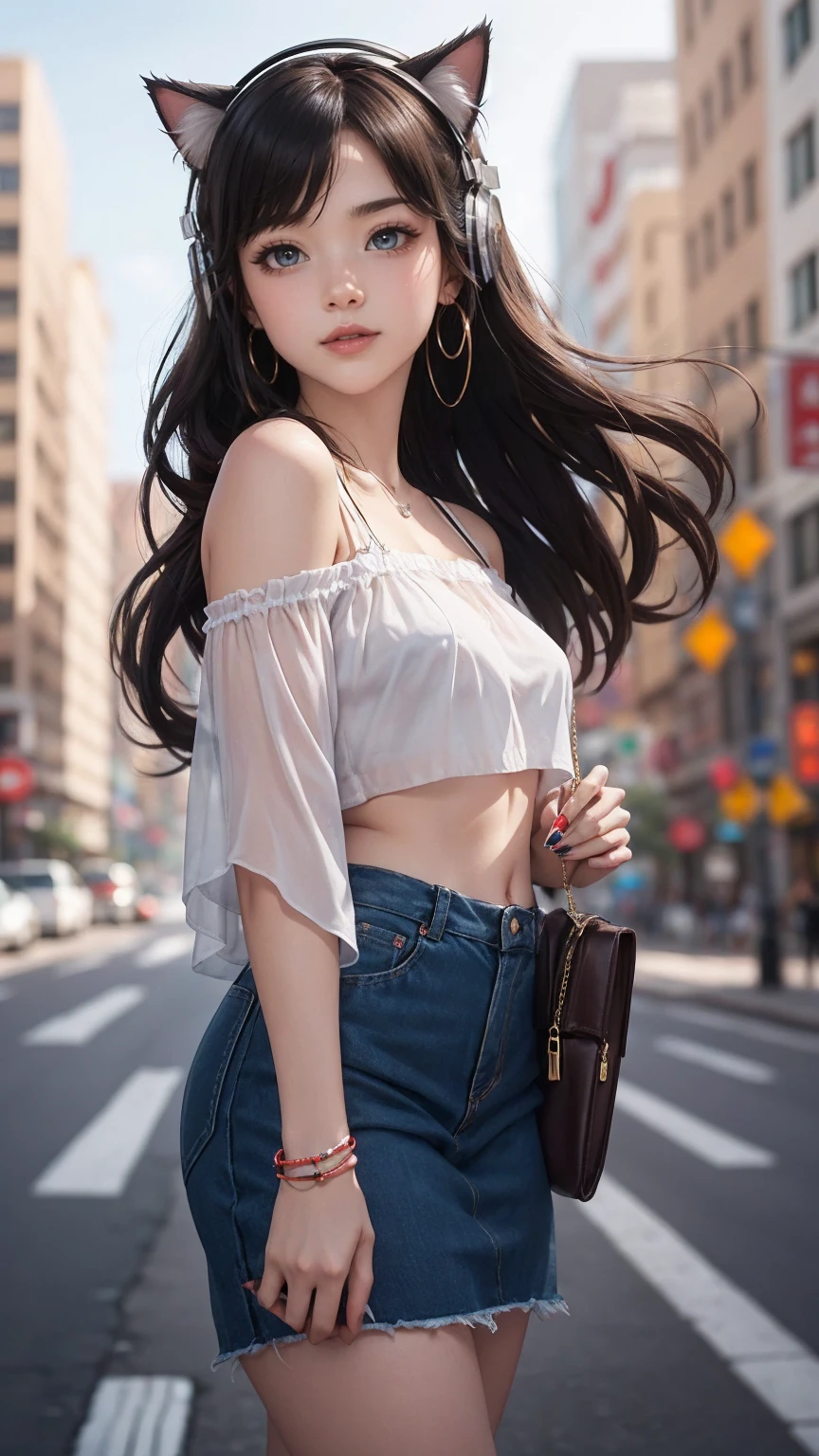 最high quality, 8K, masterpiece: 1.3, Ultra HD, high quality, 最high quality, High resolution, realism)) 、25 year old white woman、brunette、blue eyes、long hair、smile、slender、slenderだがアスリートのような細マッチョ、I don&#39;t want my head to disappear from the screen.、Wear accessories on your wrist、Wearing red nail polish、I have a peticure、Wear a sheer, off-the-shoulder bodycon top、wear sandals、have a clutch bag、Skyscraper background、Waiting for a traffic light at an intersection、crystal earrings((crystal earrings))、inner color((colored inner hair))、long hair ((long hair))、dark blonde、Bangs at the parting((parted bangs))、Cat ear headphones((cat ear headphones))、background blur((depth of field))