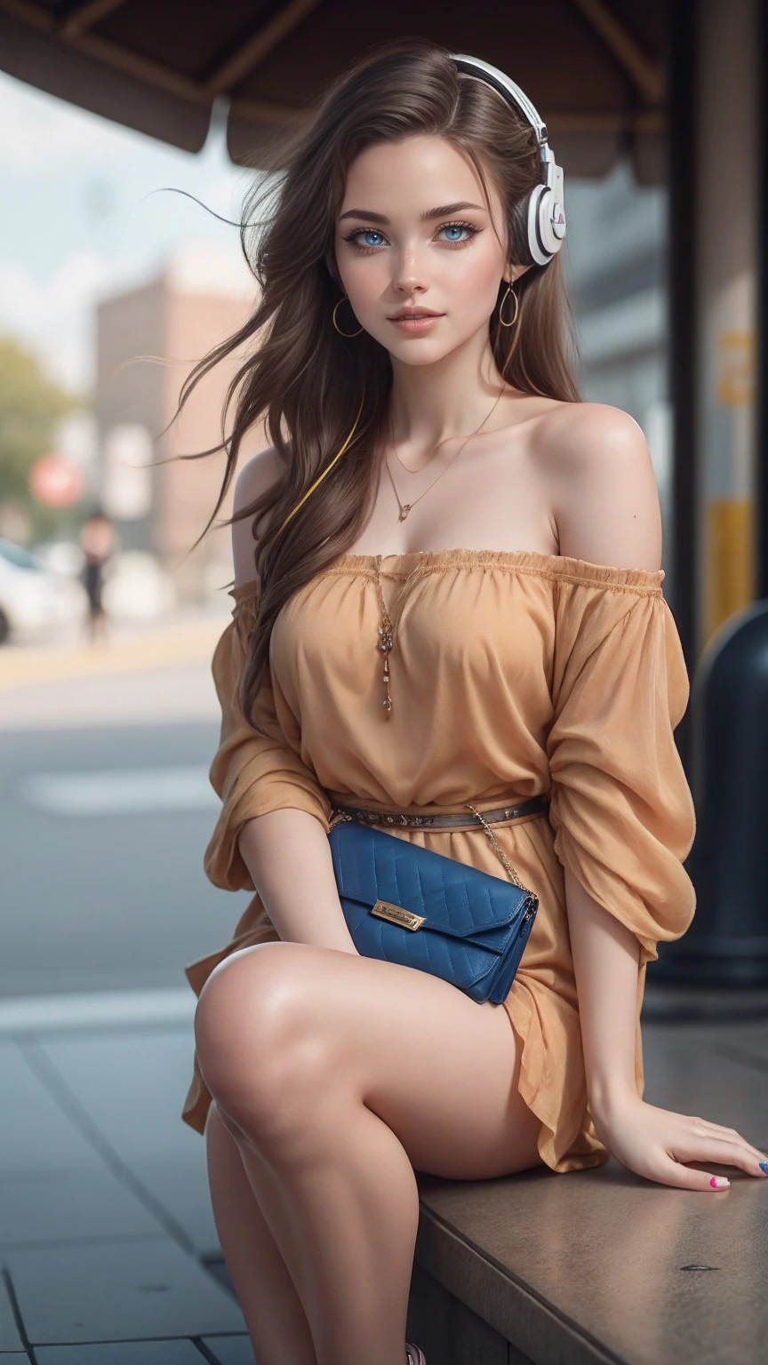 最high quality, 8K, masterpiece: 1.3, Ultra HD, high quality, 最high quality, High resolution, realism)) 、25 year old white woman、brunette、blue eyes、long hair、smile、slender、slenderだがアスリートのような細マッチョ、I don't want my head to disappear from the screen.、Wear accessories on your wrist、Wearing red nail polish、I have a peticure、Wear a sheer, off-the-shoulder bodycon top、wear sandals、have a clutch bag、Skyscraper background、Waiting for a traffic light at an intersection、crystal earrings((crystal earrings))、inner color((colored inner hair))、long hair ((long hair))、dark blonde、Bangs at the parting((parted bangs))、Cat ear headphones((cat ear headphones))、background blur((depth of field))