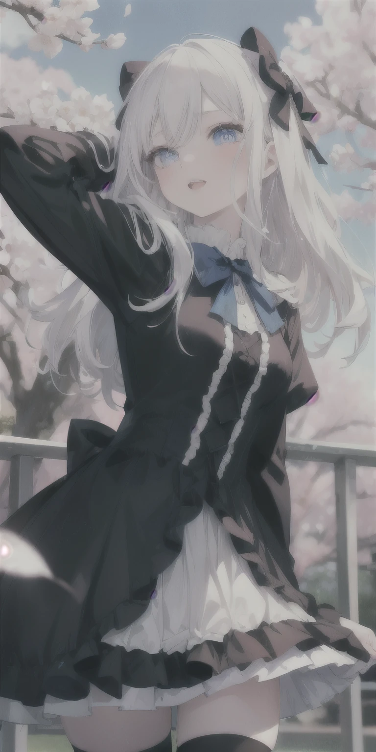 Masutepiece, Highest Quality, (Perfect face:1.1), (high detailing:1.1), (ultradetailed eyes),Dramatic,superfine illustration,Extremely detailed,1girl in,teenager,(pale skin),long white hair,Ethereal eyes,Simple eyes,empty eyes,Blue eyes,blush,Solo,Smile,Happy,Laugh,Enjoy, Open mouth,Pouty lips,Cinematic lighting,upper body,looking up,leaning forward,Long sleeve,Gothic lolita, frilld,bow ribbon,knee high socks, cherry blossoms