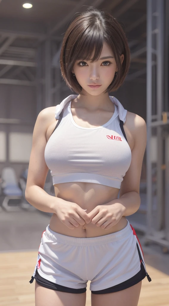 ((Best Quality)), ((Masterpiece)), (High Definition:1.3), 3D, Beautiful Japan girl, ponytail bangs woman, bodybuilder, dumbbells, training gym background, dynamic muscles, sheer, HDR (high dynamic range), ray tracing, , super resolution, Unreal 5, subsurface scattering, PBR texturing, post-processing, Anisotropic filtering, depth of field, maximum clarity and sharpness, multi-layer textures, albedo and specular maps, surface shading, accurate simulation of light-material interactions, perfect proportions, octane rendering, two-tone lighting, low ISO, white balance, rule of thirds, wide aperture, 8K RAW,