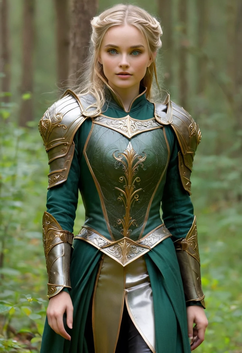 medieval setting, full body view, (detailed elf ear, 1 woman, elven face, beautiful green eyes, blonde hair), leather armor, black leather trousers,