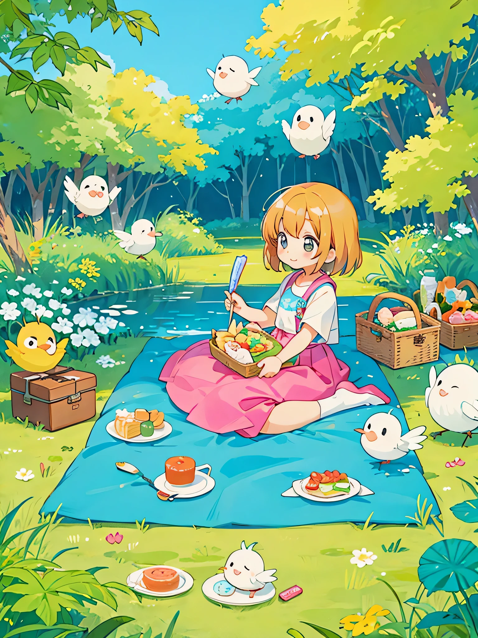 Fujio Akatsuka Style, Kawaii Design, most beautiful girl ever、Chibi, birdie、picnic
