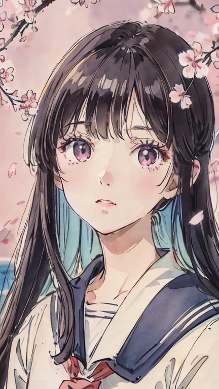 sailor suit、bright color、soft lighting、with paddle、black haired、close up of face、Photo studio、Floral,Bright cherry blossoms,The left half of the screen is cherry blossoms