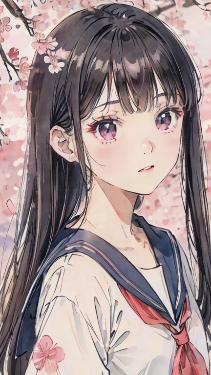 sailor suit、bright color、soft lighting、with paddle、black haired、close up of face、Photo studio、Floral,Bright cherry blossoms,The left half of the screen is cherry blossoms