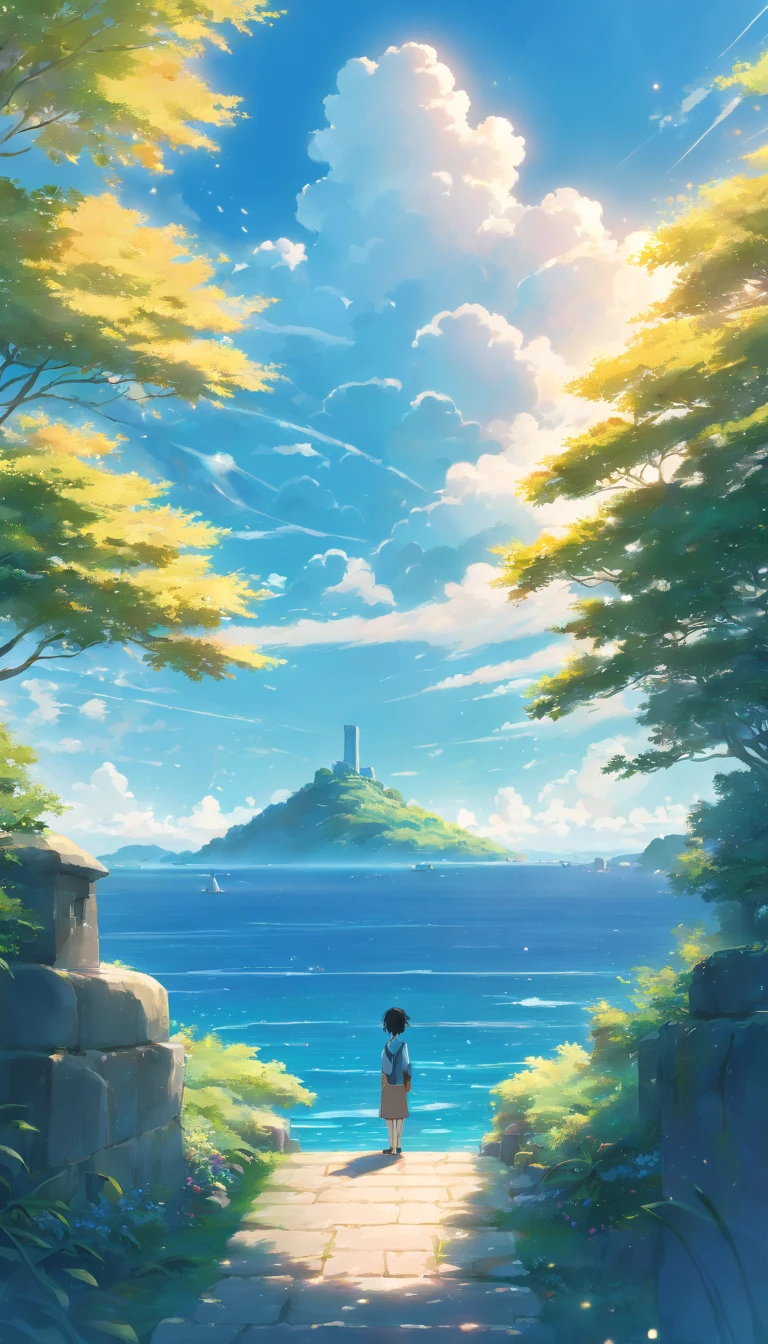 (high quality, masterpiece:1.2), (movie stills), (19-year-old man) Sitting on the clouds over the sea, (dreamy atmosphere), (Detailed clouds and water), (actual, photoactual:1.37), (bright colors), (soft light), (breeze), (Calm expression), (magical scenery), (ethereal scenery), (distant horizon), (Transcendent mood), (golden sunshine), (subtle reflections), (Impeccable composition), (Dynamic perspective), (Floating feeling), (peaceful atmosphere), (Fantasy elements), (color palette), (Silhouette of a distant island), (Whimsical details), (Sublime tranquility), (hidden secret), (Subtle texture), (Immersive experience), (Fine art aesthetics), (charming atmosphere), (Magical Realism), (awesome), (memorable), (eternal beauty).