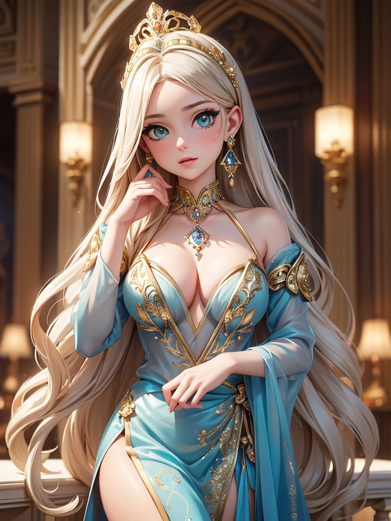 (best quality, high resolution, masterpiece:1.2), Super detailed, Beautiful and delicate lake green eyes, Beautiful and delicate lips, extremely detailed face, super long hair, 1 girl, royal members, Beautiful girl with golden beige hair, (Wearing a royal blue royal costume), see-through chiffon platinum shawl, (gold ornaments), golden and silver pattern, (light blue pattern), (complex pattern:0.5), Lovely, attractive, portrait, delicate eyes, Luminous earrings, Reflective pupil, royal clothing design, see-through detail clothing design, (empty:0.7), chiffon, (see-through chiffon), (lace:0.7), black gloves, Diamond choker, Diamond ring, Diamond hairpin, medieval european castle, Super high quality skin, Real skin texture, super high detail, anime, Realism, 8K, UHD, ccurate