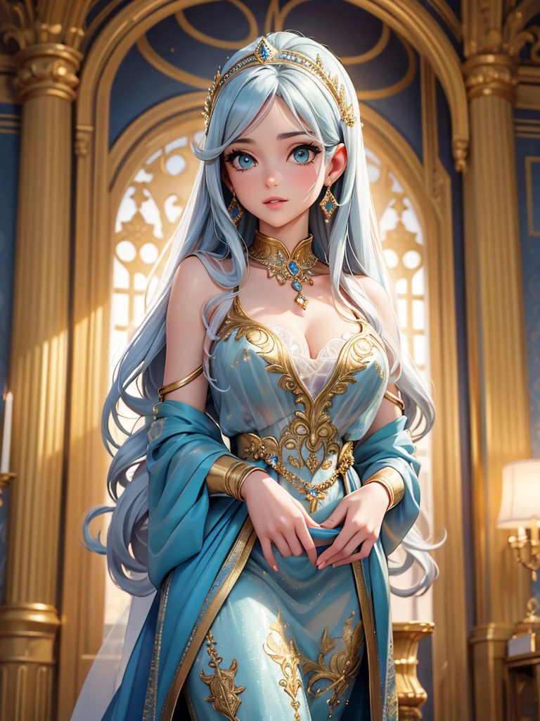 (best quality, high resolution, masterpiece:1.2), Super detailed, Beautiful and delicate lake green eyes, Beautiful and delicate lips, extremely detailed face, super long hair, 1 girl, royal members, Beautiful girl with golden beige hair, (Wearing a royal blue royal costume), see-through chiffon platinum shawl, (gold ornaments), golden and silver pattern, (light blue pattern), (complex pattern:0.5), Lovely, attractive, portrait, delicate eyes, Luminous earrings, Reflective pupil, royal clothing design, see-through detail clothing design, (empty:0.7), chiffon, (see-through chiffon), (lace:0.7), black gloves, Diamond choker, Diamond ring, Diamond hairpin, medieval european castle, Super high quality skin, Real skin texture, super high detail, anime, Realism, 8K, UHD, ccurate