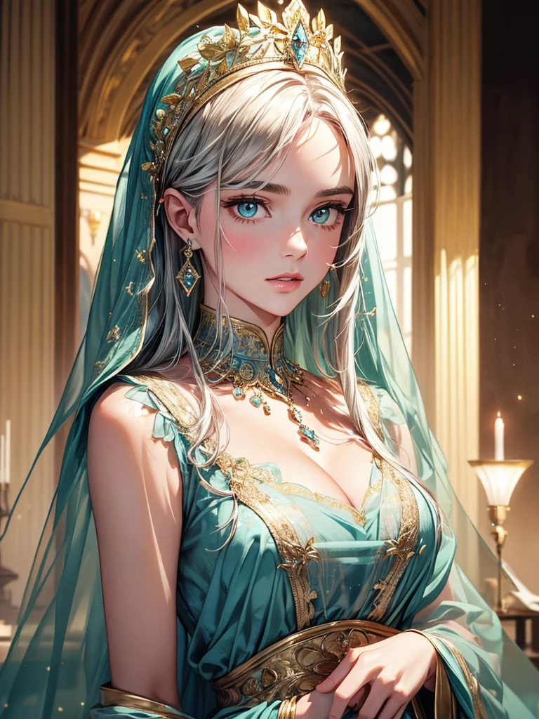 (best quality, high resolution, masterpiece:1.2), Super detailed, Beautiful and delicate lake green eyes, Beautiful and delicate lips, extremely detailed face, super long hair, 1 girl, royal members, Beautiful girl with golden beige hair, (Wearing a royal blue royal costume), see-through chiffon platinum shawl, (gold ornaments), golden and silver pattern, (light blue pattern), (complex pattern:0.5), Lovely, attractive, portrait, delicate eyes, Luminous earrings, Reflective pupil, royal clothing design, see-through detail clothing design, (empty:0.7), chiffon, (see-through chiffon), (lace:0.7), black gloves, Diamond choker, Diamond ring, Diamond hairpin, medieval european castle, Super high quality skin, Real skin texture, super high detail, anime, Realism, 8K, UHD, ccurate