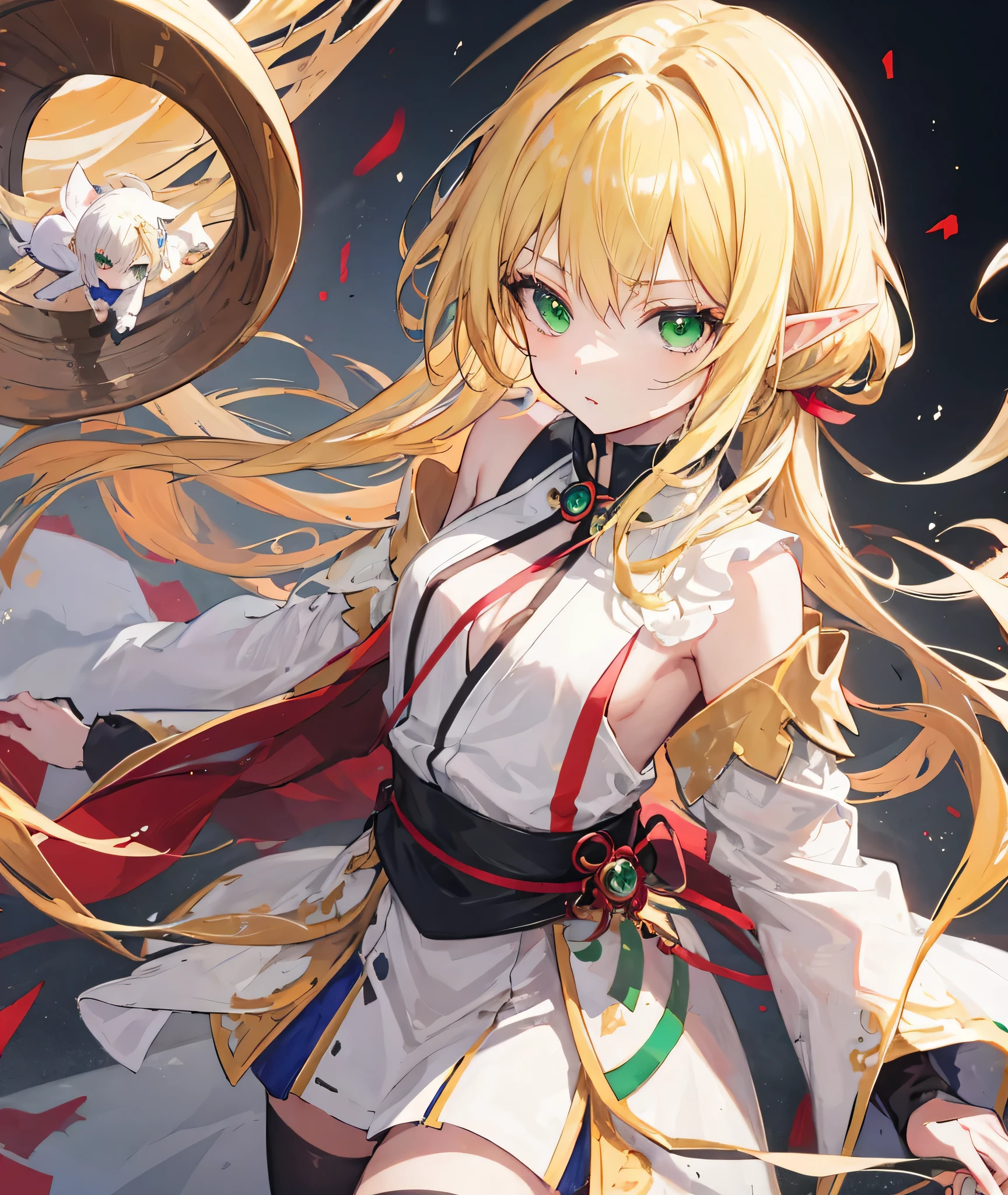 Blonde hair, green eyes, anime, elf girl, ((master piece))