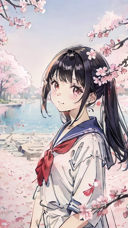 sailor suit、bright color、soft lighting、with paddle、black haired、Photo studio、Floral,Bright cherry blossoms,The left half of the screen is cherry blossoms