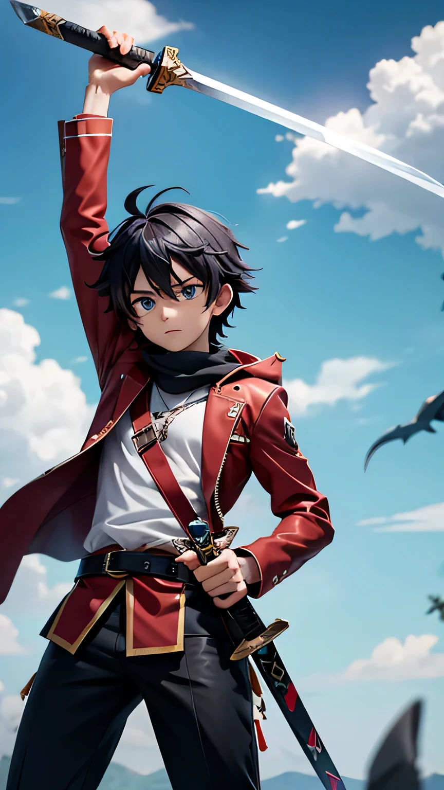 Imagem: Um personagem de anime em meio a uma tempestade turbulenta, with eyes full of determination as they raise a sword to the sky, com raios crepitando ao fundo.