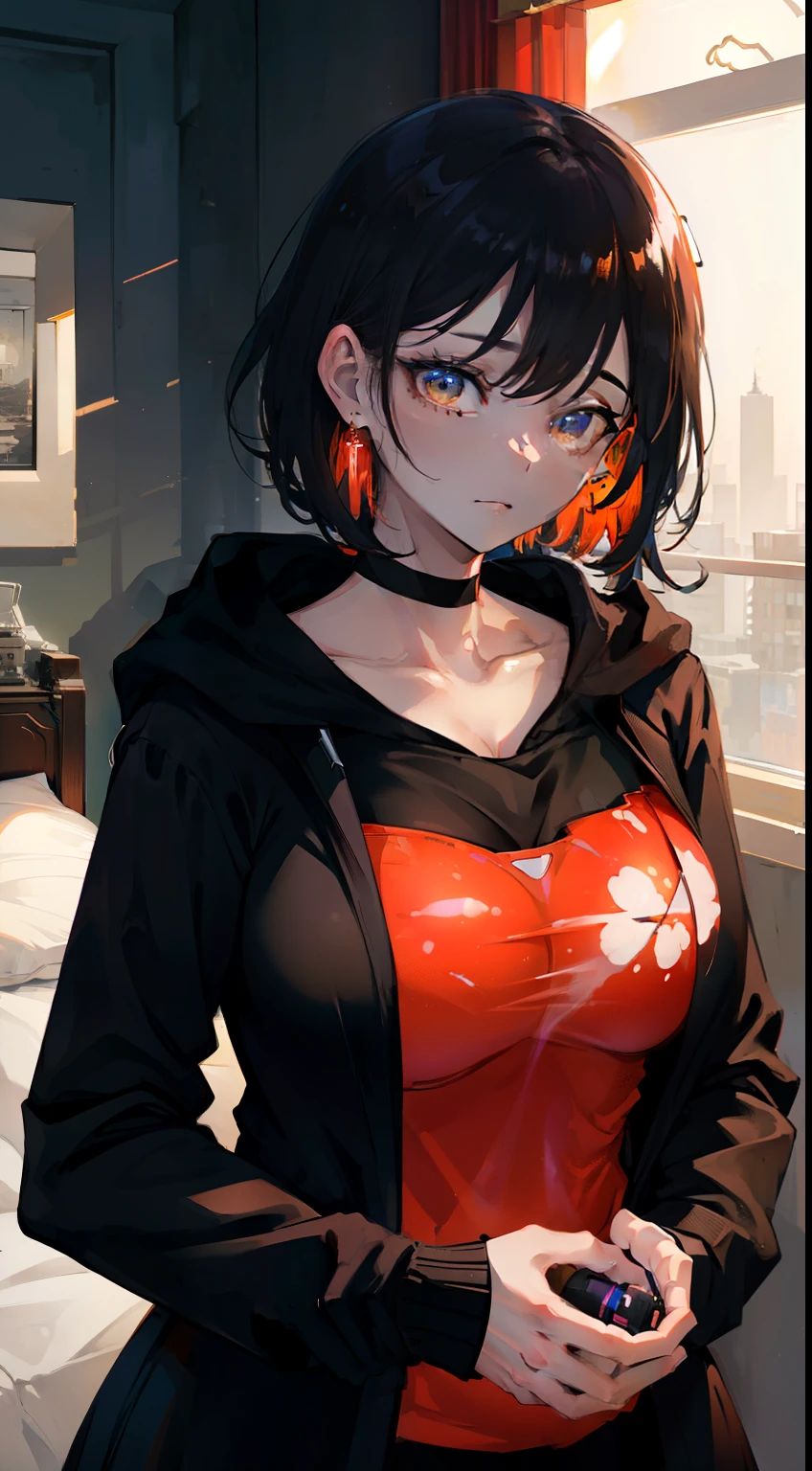 cinematic lighting、(key light:Front diagonal 45 degrees, fill light、Backlight、Shadow、blue and orange color palette), accurate human body、knowledgeable person、Correct five-finger、Raw photo、 4K - ultra-vivid、highest quality, masterpiece, ultra high resolution, (reality: 1.4),
(((oil skin,glowing skin、realistic skin texture、fine and beautiful skin、shiny skin、shiny skin)))、
upper body shot, camera angle is low, written boundary depth, Focus on the center, fine eyes, perfect face and eyes、
girl, black short bob, early teens, Black hoodie with pockets, plaid mini skirt, Purple collar, black face mask, earrings,
big breasts, thin, Naughty,
zettai ryouiki, absurd解決策, absurd, highest quality, (((big breasts、big breastsの谷間)))、dark room、A room without lights、Desaturated room、love hotel bed、indoor、love hotel bedルーム、on the bed、(((big breastsの谷間))),