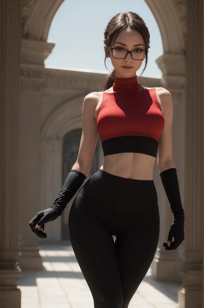 warm smile, (8K, Masterpiece, RAW photo, Best quality, detail:1.2), (ultra realistic:1.4, scenary, 8K), Depth of field, Cinematic light, Lens flare, Ray tracing, (intricate detail face), 1girl, Beautiful and elegant Russian girl, (Very slim and slender body:1.3), (tight red yoga pants:1.4), ultra skinny girl with glasses, (European face:1.3), (tight black mini top:1.4), (natural abs exposed), (full body:1.3), (gloves:1.2)