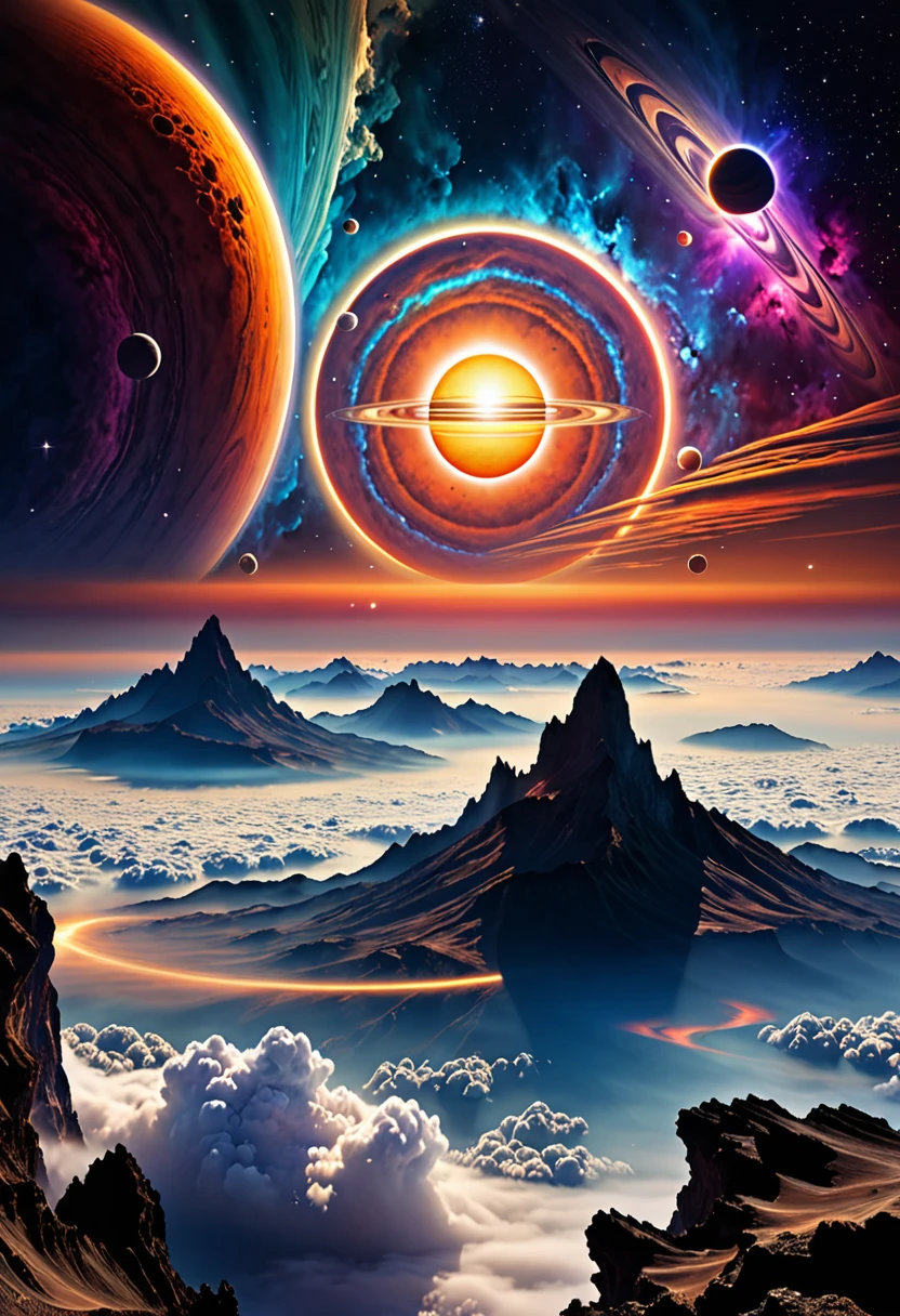 nebula, Planet mountain sea above cloud ,double suns, planetry rings ,moons