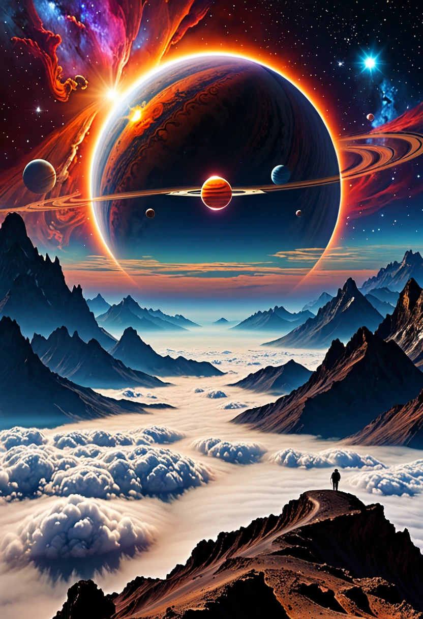 nebula, Planet mountain sea above cloud ,double suns, planetry rings ,moons