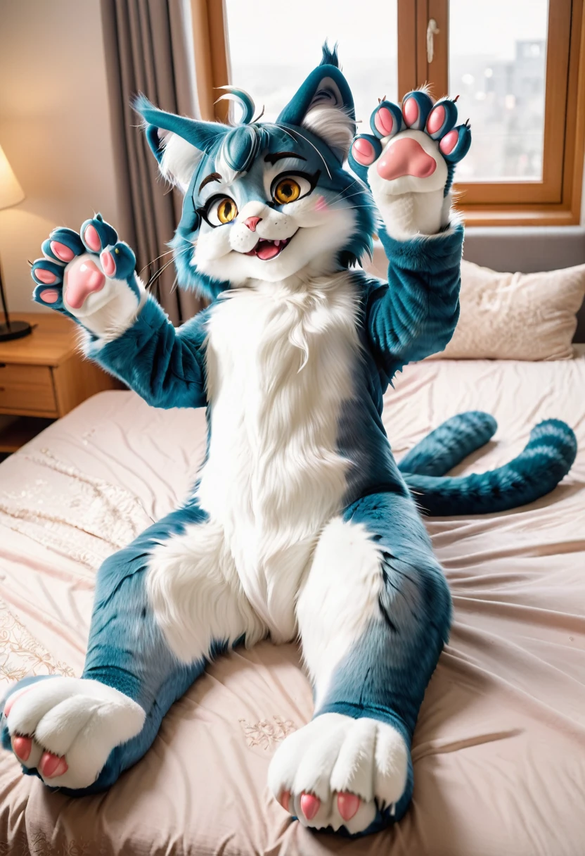 Full body photo of a very realistic omaneko cat fursuit, with glossy and shining vinyl surface, supine and lying on his back, smiling at the viewer with expressive and detailed eyes, large limbs spread out, waving his paws in the air, indoor setting in a cozy room, on the comfortable bed, capturing the cutest and most adorable expression, conveyed in the highest detail and quality, best viewed in a high-resolution setting, such as 8k UHD, or in a professional photo editing software like Adobe Lightroom or Photographic Affinity, creating a true masterpiece.