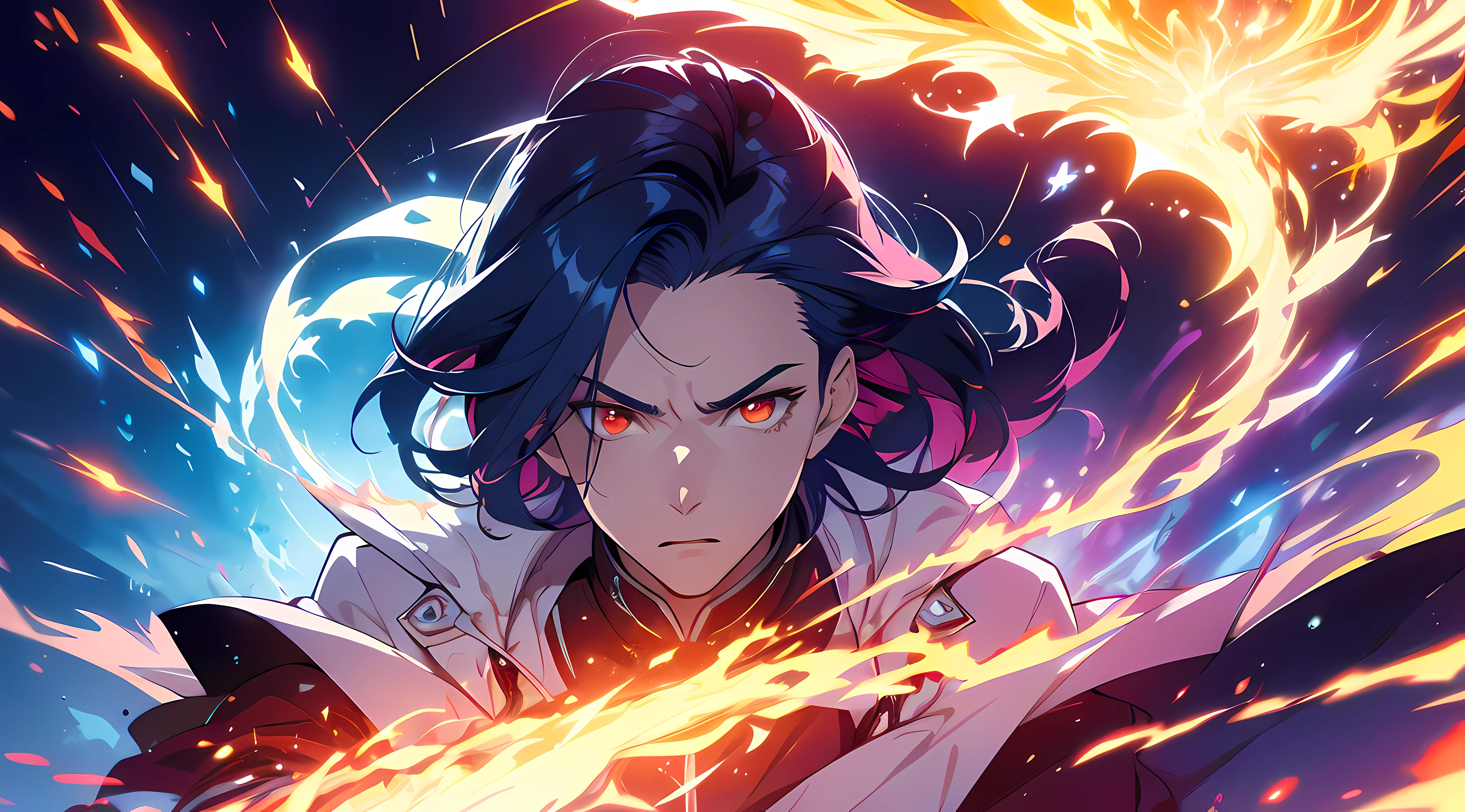 (ultra-detailed, perfect pixel, highres, best quality, beautiful eyes finely detailed), 19 years old boy, (full body:0.6), have power like demon god in manhwa, full of demonic aura, angry facial expression, red eye color (glowing red eyes), blue hair (half of his hair covered with blue flame), with aristocrat style outfit, elegant, detective, realistic fire, the background is full of magical particles and realistic blue fire. lens flare, glowing light, reflection light, motion blur, 8k, super detail, ccurate, best quality, Ray tracing.