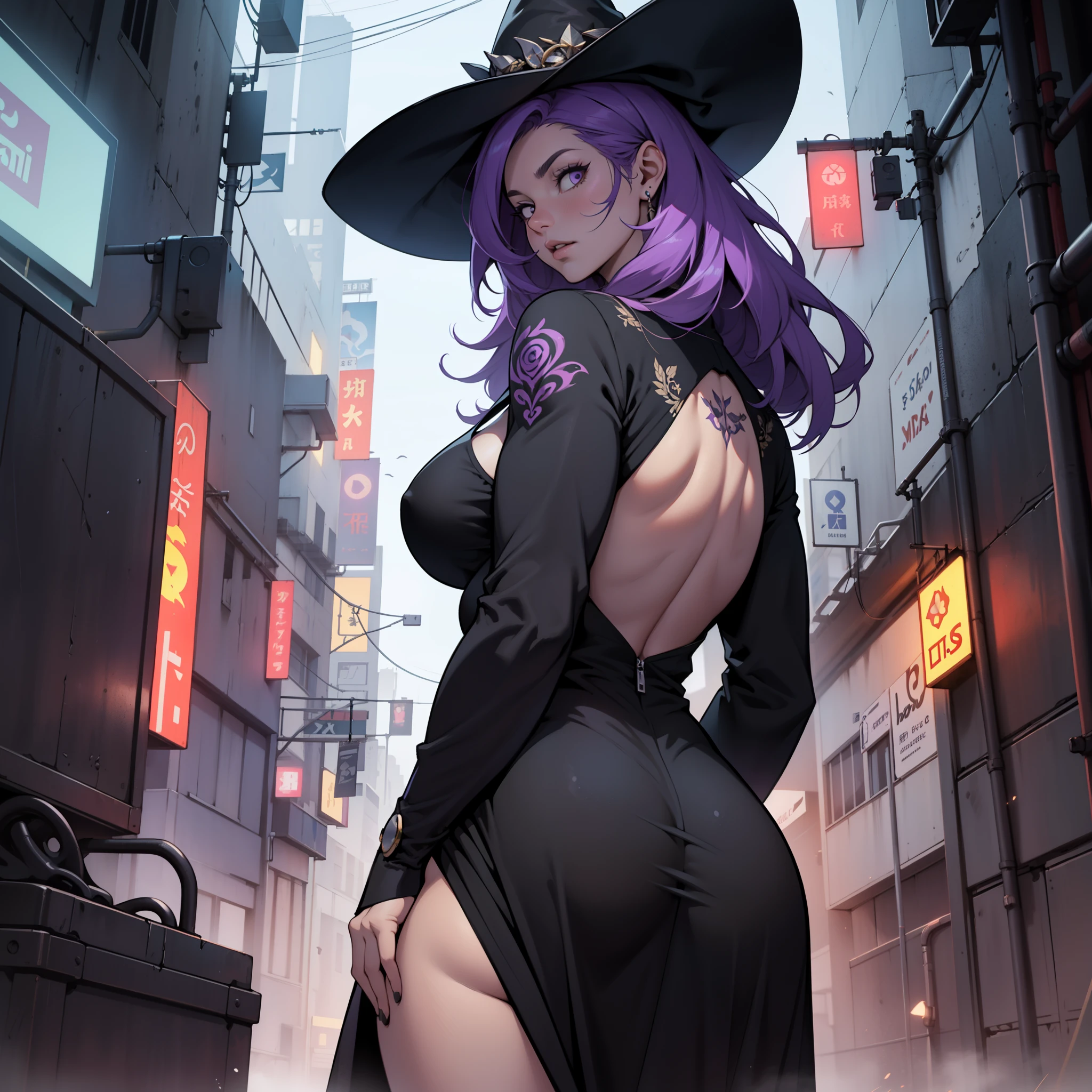 older woman in her 30s with long purple hair and tall, curvy body seen from behind, de costas, seios grandes, huge breasts, (obra de arte, Melhor qualidade:1.2) wearing the legendary great black dress of the mystical sorceress, Big witch hat, solo, sozinha, high quality cyber tattoo, premiado, high resolution, 8k, Queen short purple hair woman wearing advanced technology black dress, flor do fundo, cidade de fantasia cyberpunk, rosto misterioso, desenhe apenas uma torre no fundo