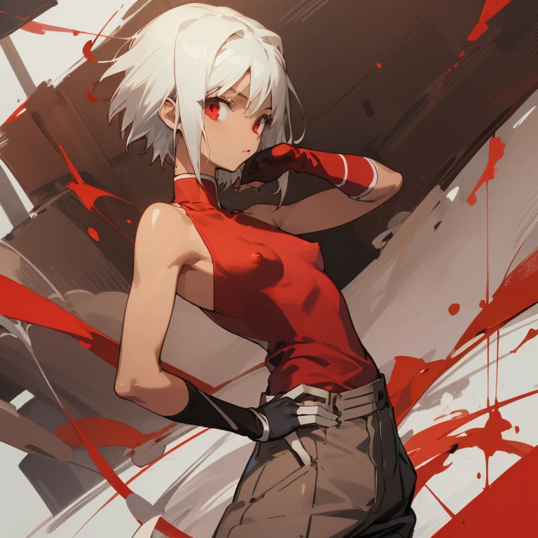 ((highest quality)), ((masterpiece)), (be familiar with), CANAAN, 1 girl, alone, silver hair,brown skin,red eyes,long pants,red sleeveless,Clothes with a visible back, Slender,slender,short hair,small breasts, erect nipples, gloves, put your hand on your waist