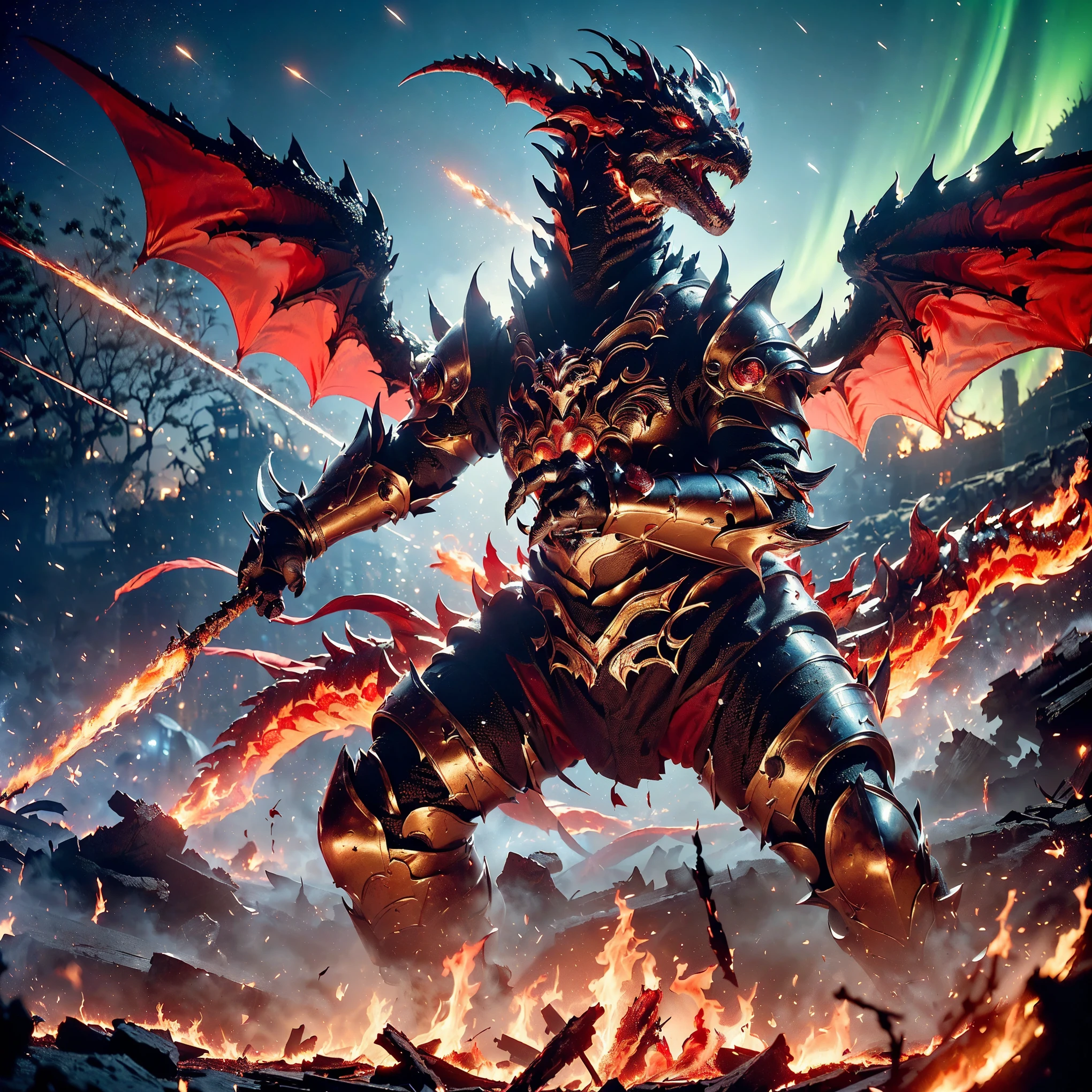 (((Realistic, masterpiece, best quality, crisp detail, high definition, high detail, very rich detail, sharp focus, sharp detail, colorful, rich color, perfect studio lightning))), ((20 years old, beautiful goddes of destructions, red hair)),(((in the middle of war, epic war scene, offensive stance))), wearing (((beautiful decorated golden heavy armor, fire dragon armor, decorated full body armor, fully armored beautiful kimono, wide fire wings))), (holding giant fire), (((blood everywhere, death everywhere, japan bakumatsu period, dead bodies, fire demons, burnt japanese castle, fire dragons, kaiju,meteor shower, godzilla, aurora)) flooded by molten lava traditional village background), heavy fire rain,