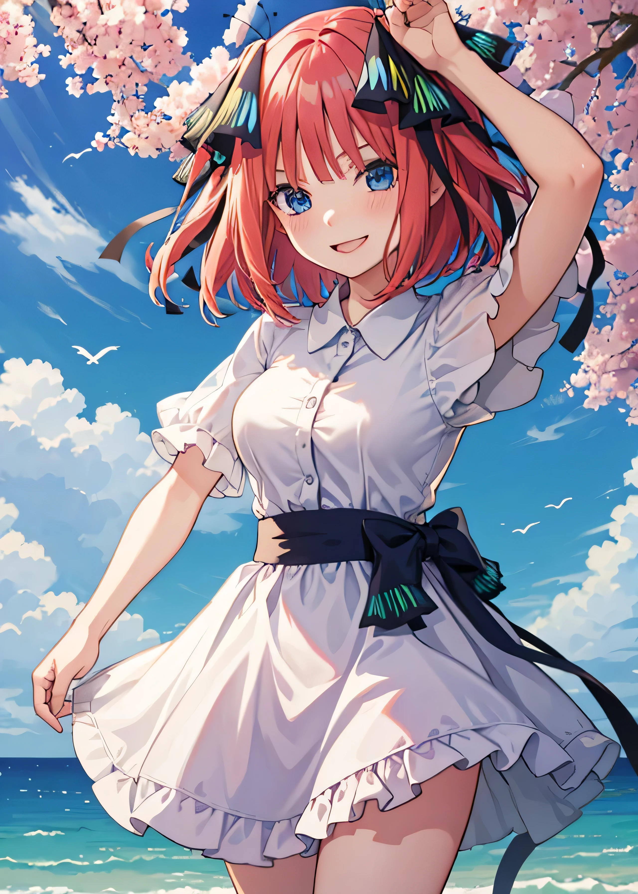 Nino Nakano is a character that appears in the anime "The Quintessential Quintuplets" 「The background is a clear blue sky on a sunny day, and the location is a school classroom.」The eyes of this character are blue. My hairstyle is a bob cut with pink color. This character is wearing a butterfly hair accessory. Please focus on this character. This character has a very lovely smile.high Quality