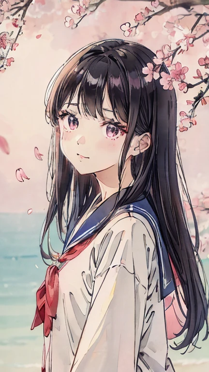 sailor suit、bright color、soft lighting、black haired、Photo studio、Floral,Bright cherry blossoms,The left half of the screen is cherry blossoms