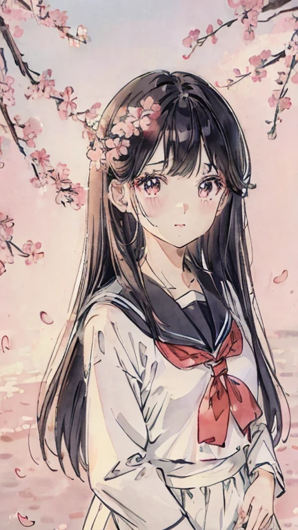 sailor suit、bright color、soft lighting、black haired、Photo studio、Floral,Bright cherry blossoms,The left half of the screen is cherry blossoms