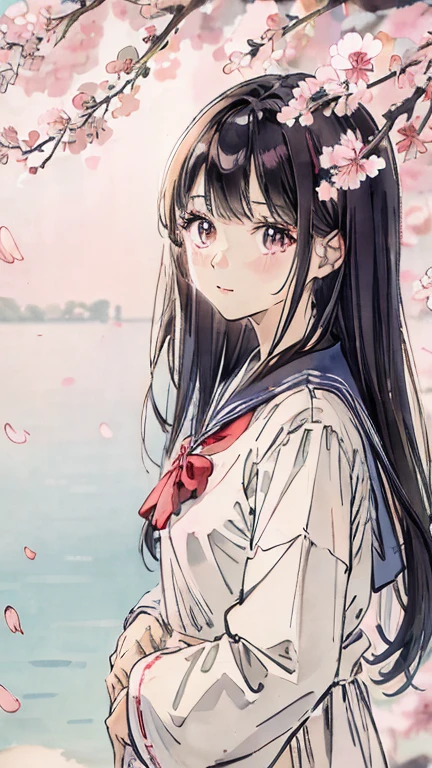 sailor suit、bright color、soft lighting、black haired、Photo studio、Floral,Bright cherry blossoms,The left half of the screen is cherry blossoms