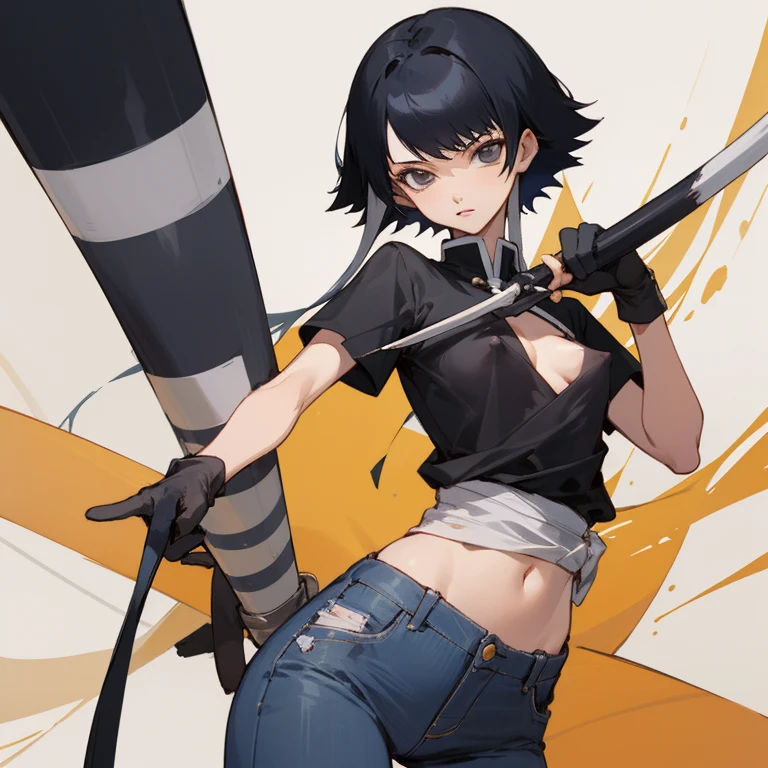 ((highest quality)), ((masterpiece)), (be familiar with),  BLEACH,Soi Fon, 1 girl, alone,  erect nipples, black hair,slanted eyes, Black clothes,black shirt,jeans, Slender,slender,short hair with long locks, short hair, small breasts, gloves, put your hand on your waist