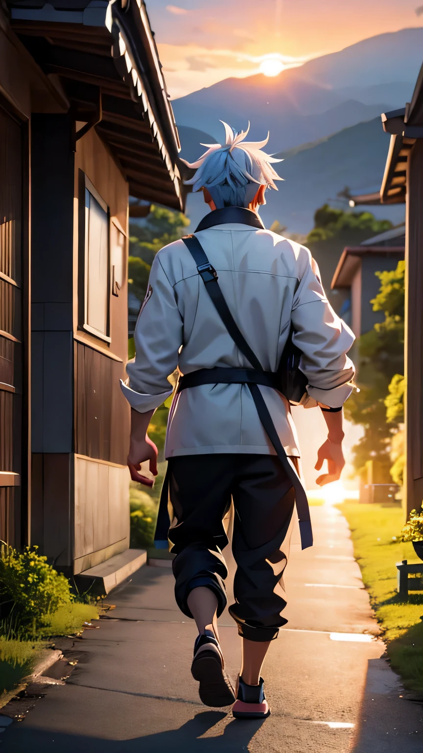Image: An anime character walking along a path, his shoulders slightly burdened by the weight of his past, but his gaze focused ahead toward a vibrant sunrise
