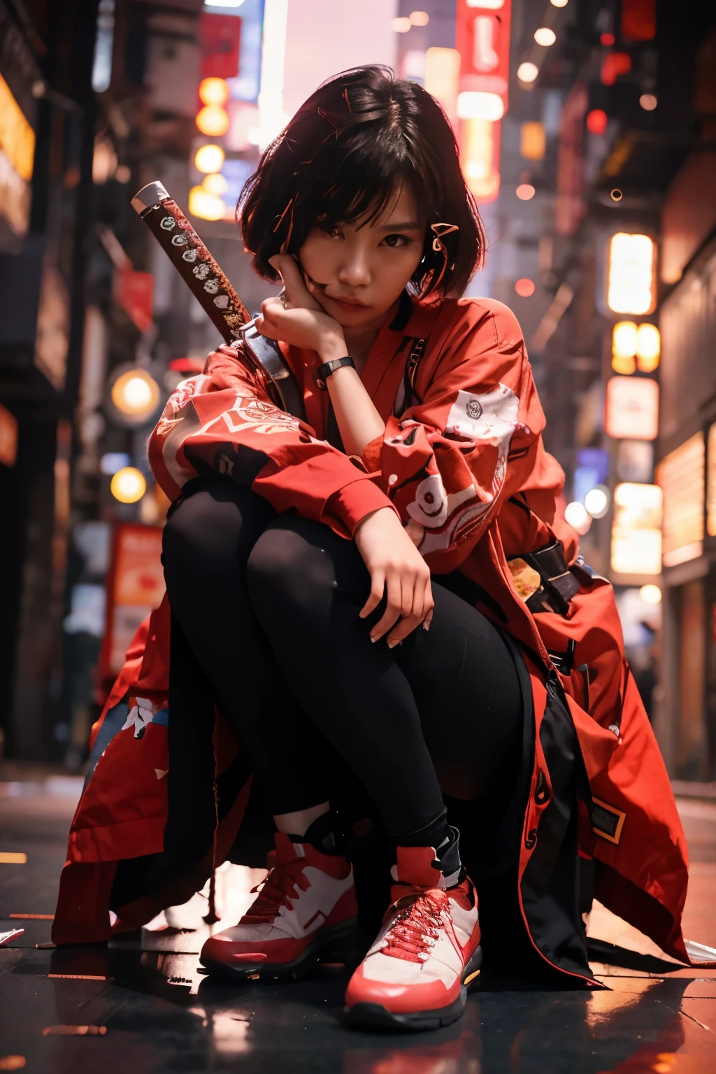 full-body shoot photography, Cyberpunk style. an Indonesian woman with a round face, short hair, 20 years old, flat face, wearing a kimono. carrying a sword. Japanese cyberpunk night background. hyperrealistic photography, RAW, cinematic style, turned to the camera