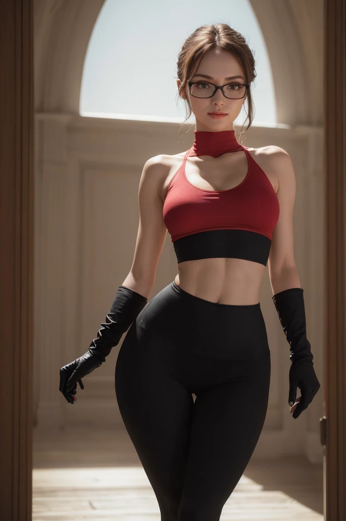 warm smile, (8K, Masterpiece, RAW photo, Best quality, detail:1.2), (ultra realistic:1.4, scenary, 8K), Depth of field, Cinematic light, Lens flare, Ray tracing, (intricate detail face), 1girl, Beautiful and elegant Russian girl, (Very slim and slender body:1.3), (tight red yoga pants:1.4), ultra skinny girl with glasses, (European face:1.3), (tight black mini top:1.4), (natural abs exposed), (full body:1.3), (gloves:1.2)