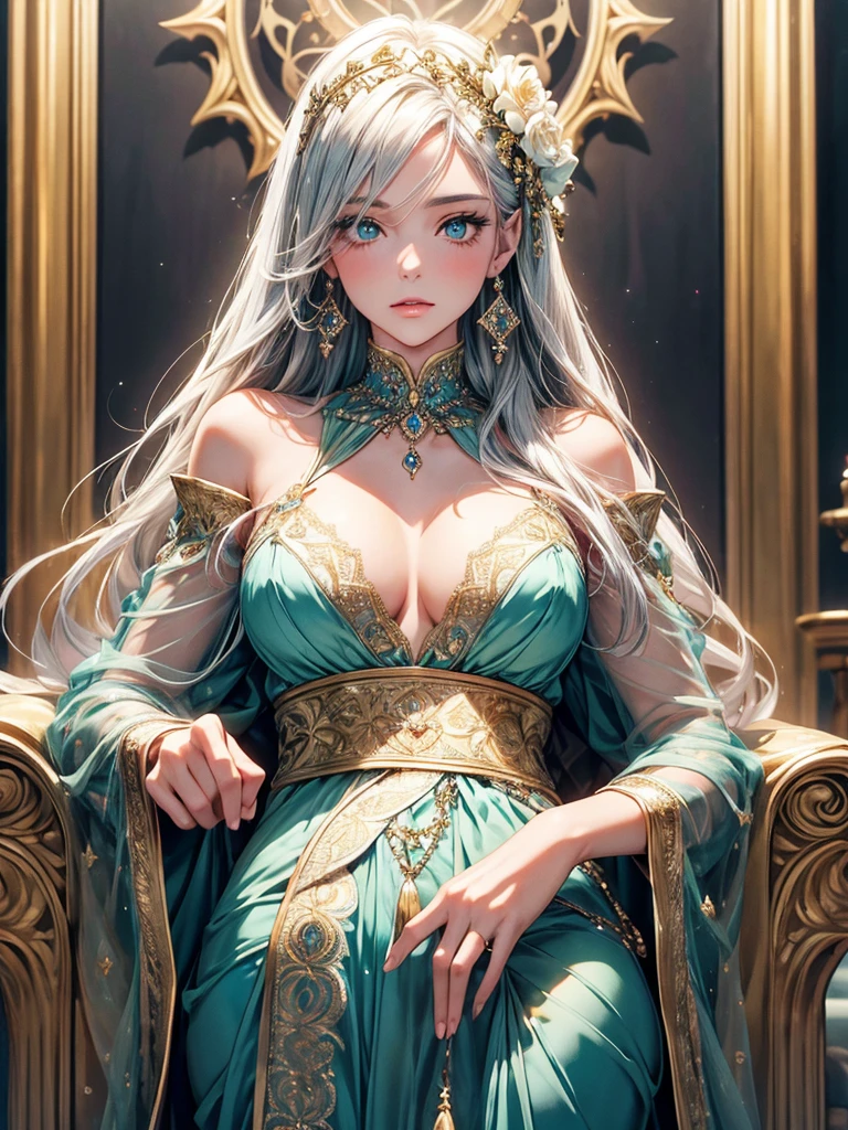 Vintage style fantasy, masterpiece, Great art, Highest quality, One girl, Close-up Girl Nordic Princess, Scandinavian Mountains々, Winter Weather, Symmetrical and highly detailed face, Peach silky silky skin, Vivid and aggressive green eyes, White, messy hair down to her waist, Sculptural body, (spark: 0.7), Adobe Illustration, Artstation's Trand, 8K, High resolution, 超High resolution, Cold and soft lighting, --q 500 --s 100, -