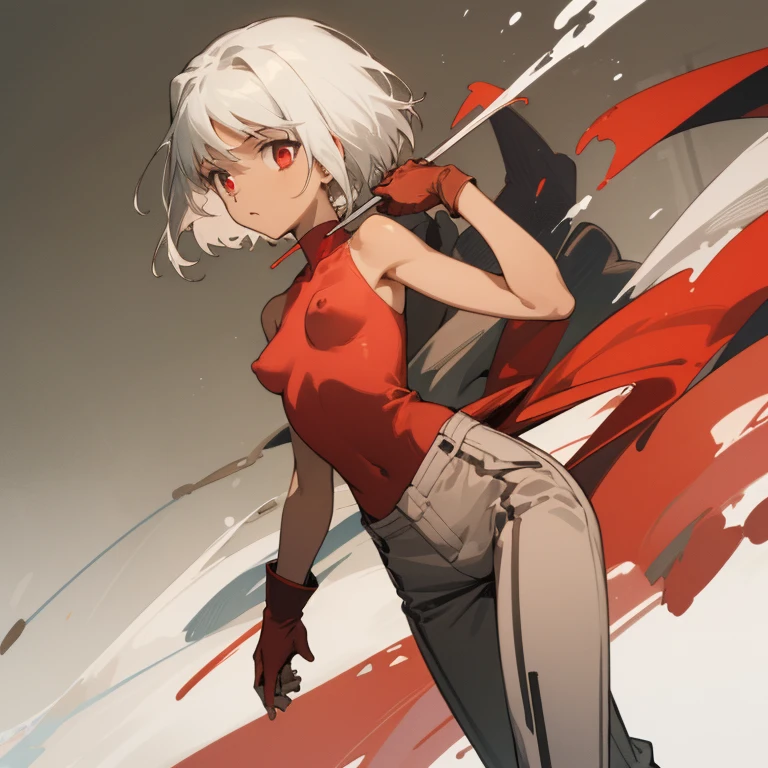 ((highest quality)), ((masterpiece)), (be familiar with), CANAAN, 1 girl, alone, silver hair,brown skin,red eyes,long pants,red sleeveless,Clothes with a visible back, Slender,slender,short hair,small breasts, erect nipples, gloves, put your hand on your waist,Walking around town