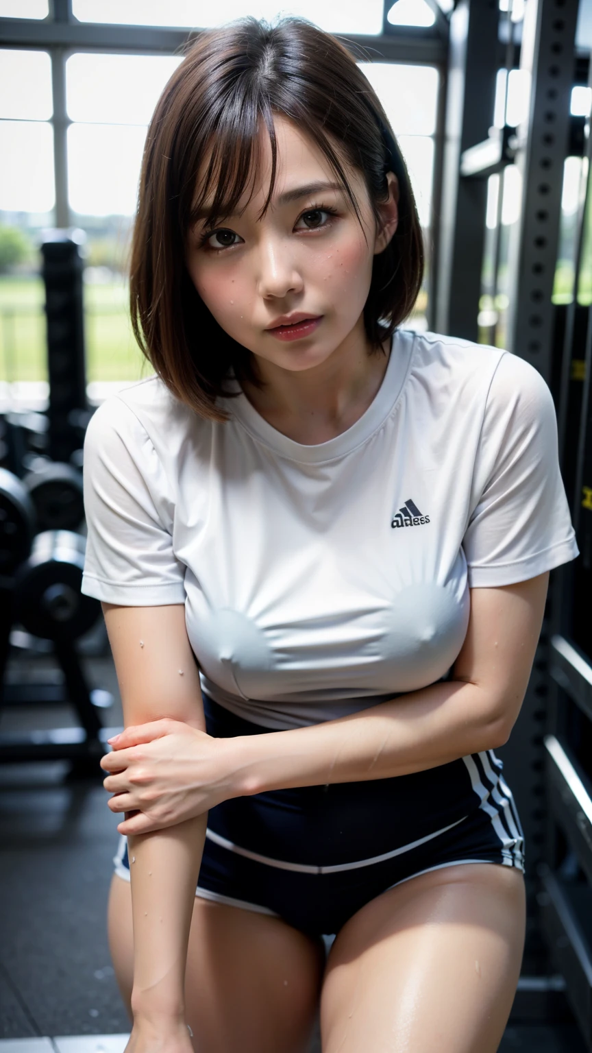1 beautiful girl, alone, sportswear, masterpiece, highest quality, realistic, very detailed, (shiny skin, sweaty:1.4), absurd, looking at the viewer, short black hair, brown eyes, High resolution, sharp focus, Depth of written boundary, fine eyes, sharp pupils, , (thick thighs:1.0), Gym, half open mouth、18 ~ Random age: 35